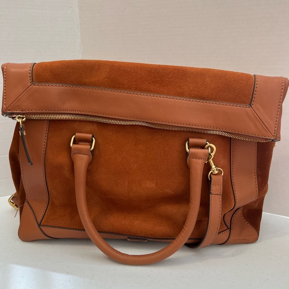 India Hicks Cognac Suede & Leather Satchel Tote, Fold-Over Zip, Gold Hardware